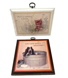 2 Vintage Small Hallmark Plaques - Cat and Dog In Tub - 1980’s Cute Kitschy - Picture 1 of 8