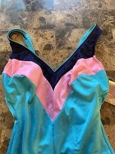 Deadstock Vintage 80s Chevron Swimsuit - Size 12 Long Torso Tall Shimmery Fabric - Picture 1 of 12