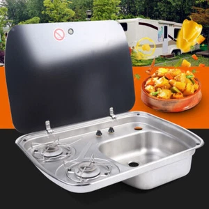 Boat Caravan RV Camper Gas Stove Hob 2-Burner LPG Sink Combo Cooktop+Glass Lid - Foto 1 di 9