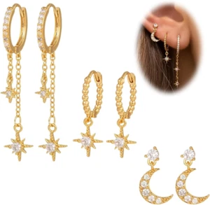 Ohrringe Set 3 Paar 14K Vergoldet Ohrstecker Set Mond Und Die Sterne Zirkonia Oh - Bild 1 von 6