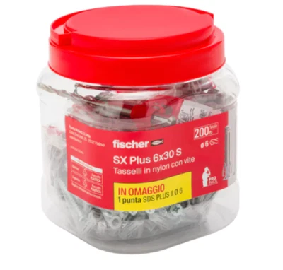 Barattolo 200 pz Tasselli 6x30 mm in Nylon con vite e punta trapano Fischer 0057 - Immagine 1 di 2