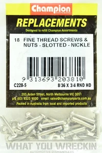 CHAMPION FINE THREAD SCREW & NUT SET - SLOTTED - 8/36 x 3/4 RND - C228-5 18 PACK - Bild 1 von 2