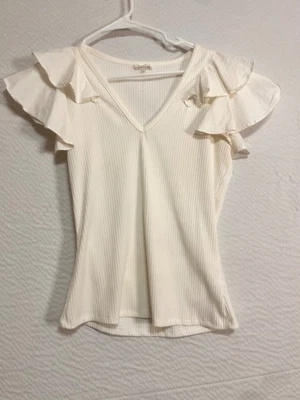 T C E C 白色罗纹 v 领荷叶边短袖上衣 L 码 (BB5-5) — 第 1/4 张图片