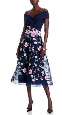 Vestido Teri Jon by Rickie Freeman Crepé Fuera del Hombro Bordado Tul 10 $660 Foto 1 de 4