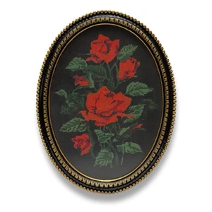 Vintage Cross Stitch Red Roses Floral Gothic Oval Gilt Ornate Framed Wall Art - Picture 1 of 6