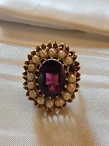 Anillo Halo Perlas Amatista Oro 14k Vintage Declaración Talla 6  - Imagen 1 de 11