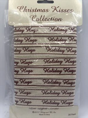 Christmas Kisses Holiday Hugs Fabric Ribbon Red Off White NEW 30 Feet - Image 1 of 4