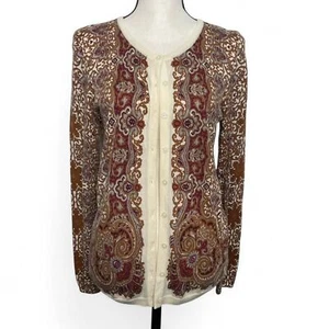 Talbots Pure Merino Wool Paisley Cardigan Sweater Cream Pink Blue Size Small - Picture 1 of 5