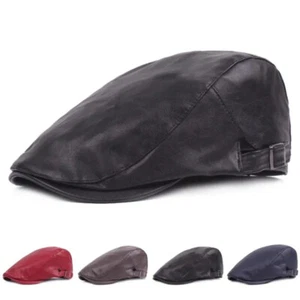 Retro Men's PU Leather Cap Beret Ivy Hat Golf Flat Cabbie Newsboy Caps UK - Picture 1 of 12