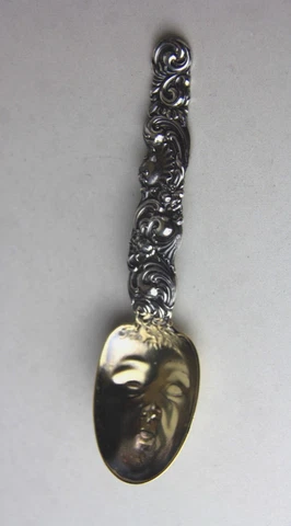 Antique Whiting Sterling Baby Face Feeding Spoon w/ Ornate Rococo Handle Cover