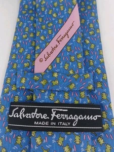 Salvatore Ferragamo grüne Frösche Seidenkrawatte Italien blau - Bild 1 von 5