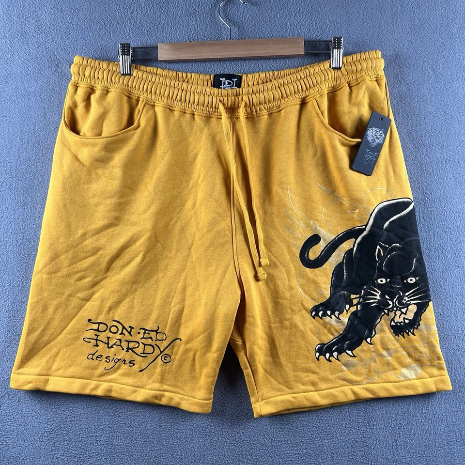 Pantalones Cortos Ed Hardy Para Hombres XL Amarillo Polar Sudadera Pantalones Cortos Pantera Logo Y2K Bolsillos Nuevos con Etiquetas Foto 1 de 4