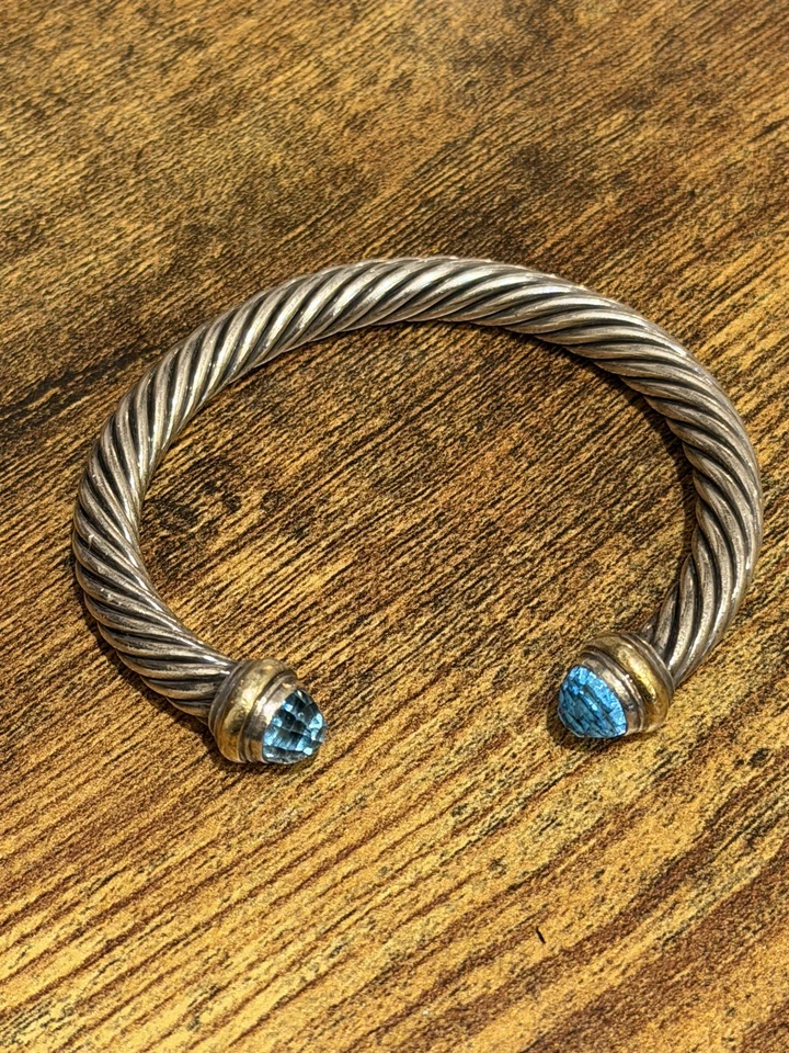 David Yurman Sterling Silver 7mm Cable Classic blue topaz  14k Gold Bracelet - Image 1 of 4