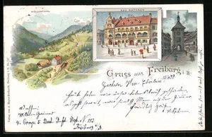 Lithographie Freiburg i. B., Tor bei Nacht, Das Rathaus, Höllenthal 1899  - Picture 1 of 2