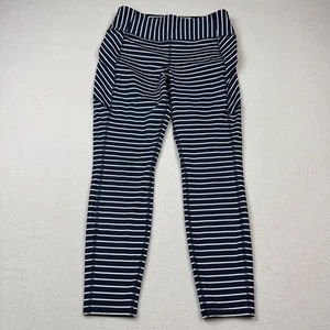 Athleta Stripe Leggings M Navy White High Rise 7/8 Length Side Pockets Zip Back - Picture 1 of 6