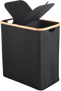 Divided Folding Bamboo & Canvas Laundry Hamper- Double Large Laundry Basket with - Picture 1 of 8