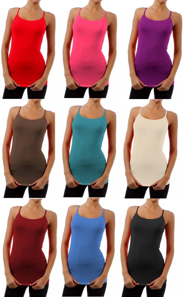 Womens Long Cami With Built in Shelf Bra Layering Spaghetti Strap Tank Top - Image 1 of 4