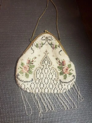 ANTIQUE Micro Bead Purse With Brass Frame, Clasp, And Chain.  - Image 1 of 4