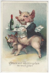 Postal Alemana Año Nuevo 1928 Cerdos Antropomórficos en Ropa Humana, Champaigne - Imagen 1 de 2