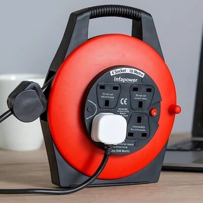4 Gang Way 10m Metre Electric Extension Cable Reel Mains Plug & Socket Lead Red - Image 1 of 4