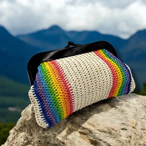 Vintage Raffi Rainbow Stripe Clutch Purse 1970s Hippy Handbag MCL Hong Kong - Picture 1 of 12