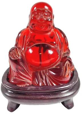 Smiling/Laughing Red Amber Buddha With Stand. Approx. 3-11/16" H x 3 1/2" W - Image 1 of 4