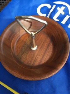 MID-CENTURY MODERN VERMILLION REAL WALNUT SNACK NUT BOWL WITH METAL HANDLE USA - Picture 1 of 12