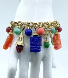 Wonderful Gold-Tone Napier Asian Buddha Theme Chunky Lush Charm Bracelet - Picture 1 of 7