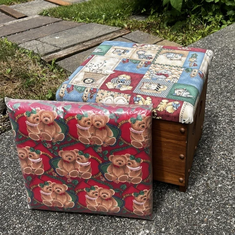 Vintage Pine Upholstered Storage Foot Stool Heart Carved Interchangeable Xmas Cover