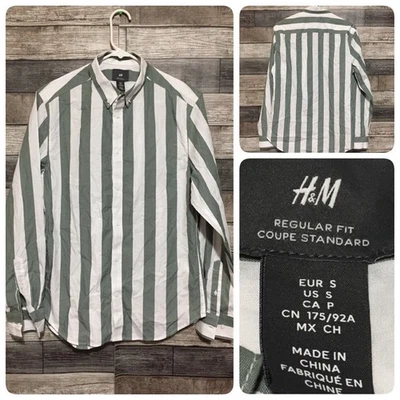 Camisa H&M Calce Regular Rayas Abotonada Para Hombre S Verde Blanco Manga Larga Foto 1 de 4
