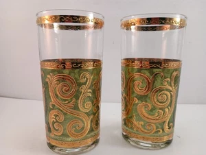 2 VTG MCM Culver Baroque Green Gold Scroll Glasses 22 KT Replacement Barware - Picture 1 of 9