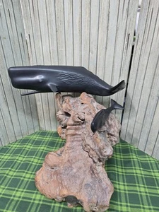 Large 10" X 9" John Perry Studio Sperm Whale & Calf Burl Wood Art Sculpture A+ - Picture 1 of 6