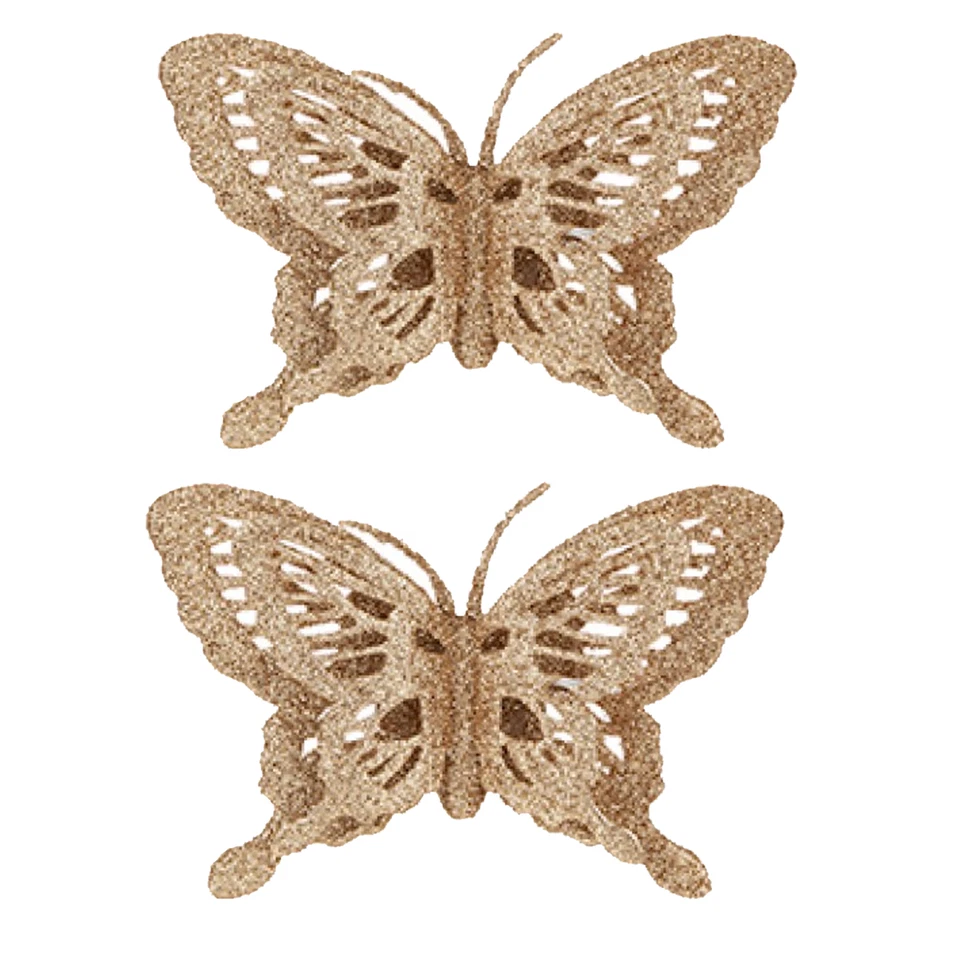 Rose Gold Butterfly Christmas Tree Decoration - 2 Pack- Full Glitter & Beak Clip - Image 1 of 1