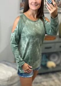 Tie Dye French Terry Cold Shoulder Long Sleeve Round Neck Split Side Top Green - Picture 1 of 11