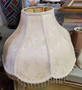 Vintage Victorian Floral Brocade Off White Satin Lamp Shade W/Fringe Clear Beads - Picture 1 of 15