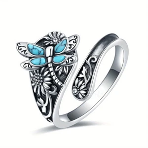 925Sterling Silver Vintage Ring Flower Dragonfly Blue Opal Open Adjustable Rings - Bild 1 von 7