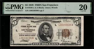 1929 $5 Federal Reserve Bank Note - San Francisco - FR.1850-L - PMG 20 - Picture 1 of 2