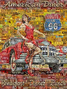 License Plate Art collage Poster Print Old America Diner Red Travel Retro Car - Picture 1 of 5