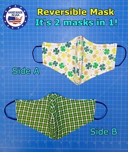 Grün Gold Kleeblätter WENDEBARE St Patrick karierte keltische Gesichtsmaske mehrere Größen - Bild 1 von 5