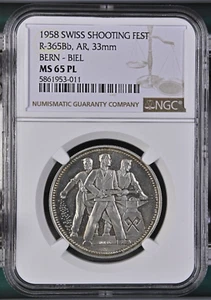 1958 Swiss  Silver Shooting Fest Medal R-365Bb, AR, 33mm Bern- Biel, NGC MS65 PL - Picture 1 of 4