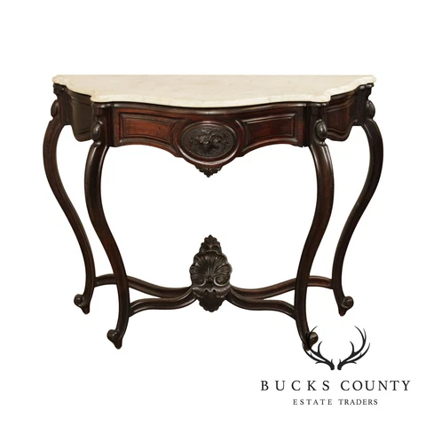 Antique Victorian Renaissance Revival Marble Top Walnut Console Table Cover