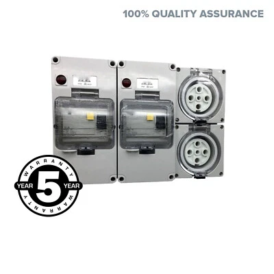 2 x 32 Amp 5 Pin Outlet Socket Three 3 Phase IP66 RCD Protected Power Point - Image 1 of 4