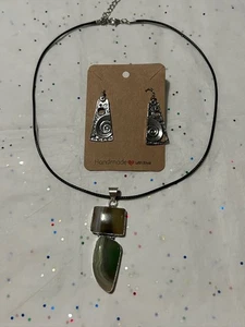 Grün gebänderter Achat Edelstein 925 Sterling Silber Platte Anhänger + Ohrringe - Bild 1 von 7