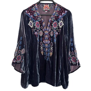 Johnny Was S Aztec Embroidered Blue Velvet Top V Neck 3/4 Sleeve - Picture 1 of 7