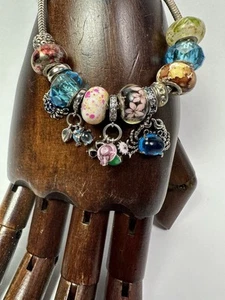 IBB 925 Italy Sterling Silver Snake Charm Bracelet With Two Stoppers 11 Beads - Picture 1 of 10
