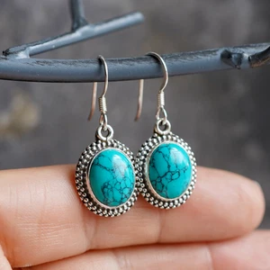 Sterling Silver Oval Turquoise Drop Earrings - Picture 1 of 2