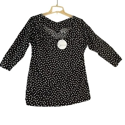 Lynn Ritchie Silver Black White Polka Dot V Neck 3/4 Sleeve Draped Top XL - Image 1 of 4