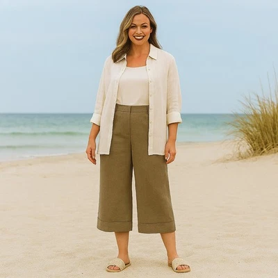 Pantalón Alex Marie Lino Recortado Puños Calce Relajado Frente Plano Taupe Talla 16 NUEVO Foto 1 de 4