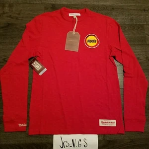 HOUSTON ROCKETS Mitchell & Ness Long Sleeve Shirt NBA Red Henley Mens SMALL - Picture 1 of 8