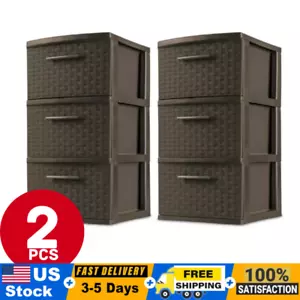 3 Drawer Weave Tower Plastic Indoor Storage Organizer Box, Espresso, Set of 2 - Picture 1 of 12